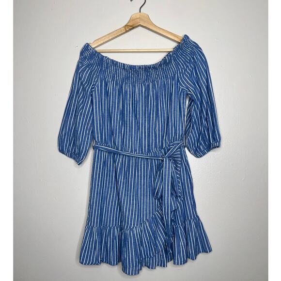 Tularosa Maida Ruffle Dress Blue White Stripe Off Shoulder Size Medium - Picture 2 of 7
